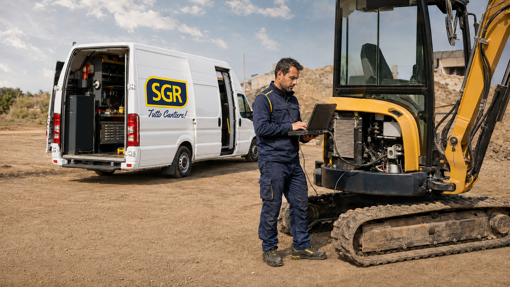 Tecnico dell'officina mobile SGR esegue una diagnosi su un escavatore in cantiere